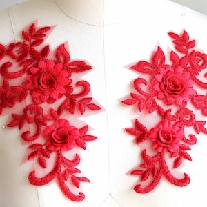 BRIGHT RED 3D Flower Embroidered Lace Applique, Mirror Pair for Garments, Couture Dancing Costumes Prom Dresses, Gowns, Hats A149-C