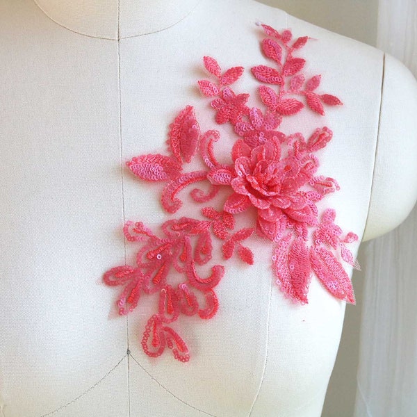 WATERMELON PINK 3D Leaf Lace Applique, Shiny Sequin Flower Applique for Prom Dress, Ballroom Gown, Ballet, Lyrical Dancing Costume A175-I