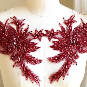 BOURGOGNE Paire d'appliqués 3D faits main, dentelle perlée pour costume de danse lyrique, robe de bal, robe de bal, ballet, jupe A259-F