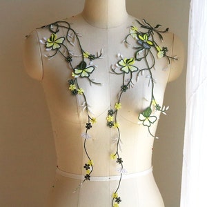 GREEN and YELLOW Vine Lace Patch Applique, Iron on Flower and Leaf Lace Applique for Wedding Gown, Dance Costume, Ballet, Prom Dress A219-D