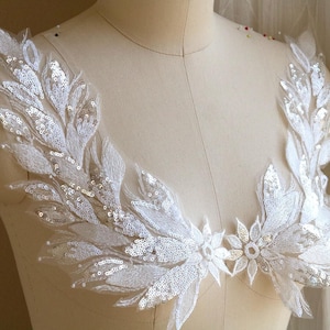 ZILVERWITTE Phoenix Wing-kantappliqué met pailletten voor kleding, danskostuum kantappliqué, glanzende galajurk, bruidssluier A266-D