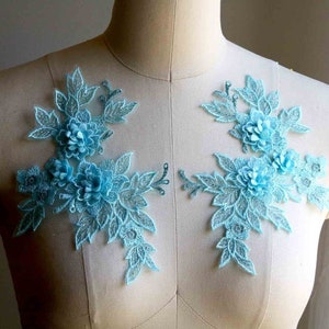 AQUA BLUE 3D Floral Lace Applique with Flowers and Leaves, Mirror Pair for Dancing Costumes, Garments, Gowns A189-F