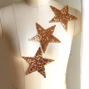SPARKLING GOLD STAR Iron on Patch, 3 Pieces with Sequins, 5&quot; Lace Patch Stars for Dance Costume, Jeans, Dresses, T shirts and Coats A225-A