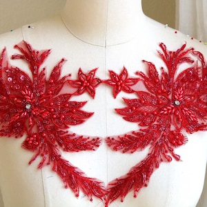 Paire d'appliqués 3D faits main ROUGE, dentelle perlée pour costume de danse lyrique, robe de bal, robe de bal, ballet, jupe A259-E