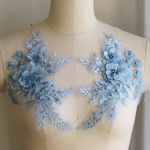 ICE BLUE 3D Spitzenapplikationen, 3D Blumen und Blatt mit angenähten Perlen, Perlenperlen für Tanzkostüm, Abendkleid, Abendkleid A179-A