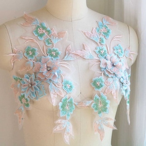 FRÜHLINGSFARBEN (Pfirsich, Grün, Blau) Motivapplikation mit funkelnden Pailletten und glitzernden Strasssteinen für elegante Kleider, Abendkleider, Ballett A163-B
