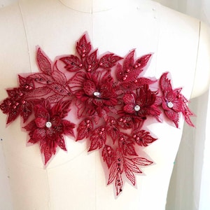 BURGUNDY 3D Pearl Beaded Floral Design Lace Applique with Rhinestones for Dancing Costume, Prom Dress, Skirt, Sash, Ballet A159-A