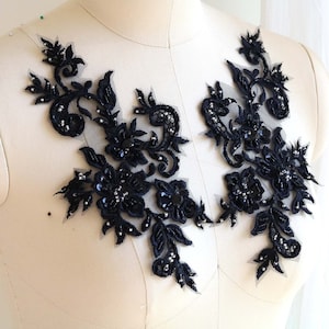 Paire d'appliqués de perles NOIR, écusson en dentelle fait main avec paillettes brillantes pour costumes de danse, robes de bal, coiffes, vêtements A147-H