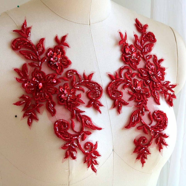 A147-i Red Lace Appliqué, Hand beaded Lace Applique, Mirror Pair Lace, Bright Red Dancing Costume Lace, Handmade Shiny Lace Patch