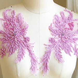 Paire d'appliqués 3D LILAS (VIOLET CLAIR) fait main, dentelle perlée pour costume de danse lyrique, robe de bal, robe de bal, ballet, jupe A259-B