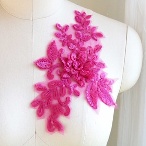 Aplique de encaje de flores 3D de color rosa intenso, lentejuelas rosas con flores fucsias para vestido de noche, vestido de fiesta, traje de baile, ballet, tocado A175-L