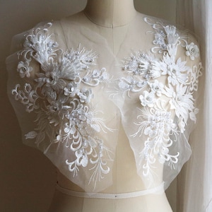 OFF WHITE Pearl Beaded Lace Appliqué with 3D Embroidered Floral Leaf Decoration for Bridal Dresses and Veils, Gowns, Prom Dresses A216-C