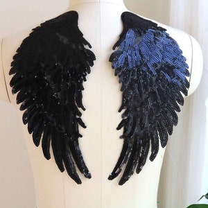 Large Black Wing Appliqué , Sequin Angle Wing Lace applique, Iron On Wings Pair. DIY lace Appliqe, Bling Sequin Wing Applique A171-A