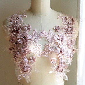 ROSE PINK Pearl Beaded Lace Appliqué with 3D Embroidered Floral Leaf Decoration for Couture Dancing Costume, Gown, Prom Dress A216-H