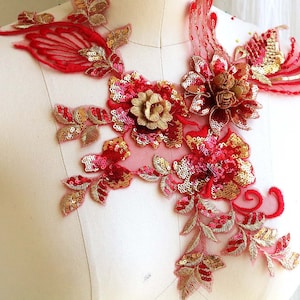 ROOD, GOUD 3D Rose Sequin Naai de Patch Kant Applique voor Danskostuums, Formele Toga's, Trouwjurken, Galajurken, Hoofdstukken A251-D