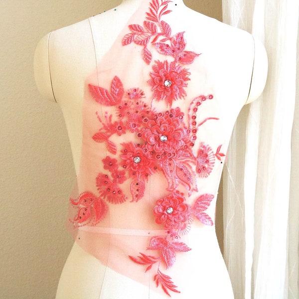 WATERMELON PINK 3D Crystal Flower Embroidered Lace Applique with Rhinestones for Lyrical Dance Costume, Prom Dress. Large and Small A131-L