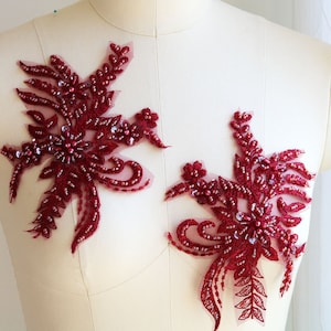 BURGUNDY 3D Beaded Pair Lace Patch Appliqué, Hand Sewn for Dancing Costume, Evening Gown, Prom Dress, Head Piece, Skirt, Sash A141-B