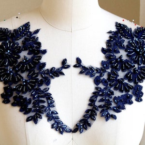 NAVY BLUE Hand Beaded Lace Applique with Sequin for Dancing Costumes, Blue 3d Lace Appliqué for Garments A268-J