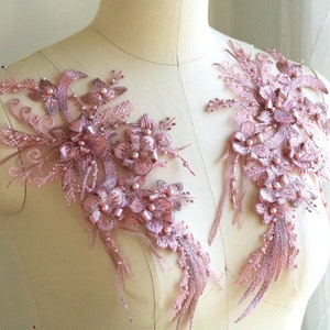 ROSE GOLD Faux Pearl Beaded 3D Flower Lace Applique for Lyrical Dance Costume, Evening Gown, Ballet, Head Piece, Garments A205-J