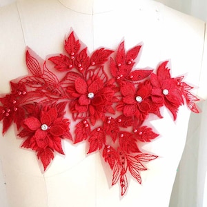 BRIGHT RED 3D Pearl Beaded Floral Design Lace Applique with Rhinestones for Dancing Costume, Prom Dress, Skirt, Sash, Ballet A159-C