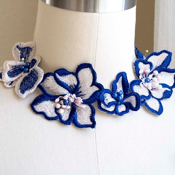 7 Royal Blue Baby Pink 3d Flower Applique, Pearl Beaded Lace Flower for Dancing Costume, Head Piece DIY,