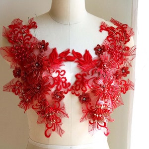 Aplique de encaje con cuentas de perlas ROJAS y ORO con decoración de hojas florales bordadas en 3D para traje de baile de alta costura, vestido, vestido de fiesta A216-L