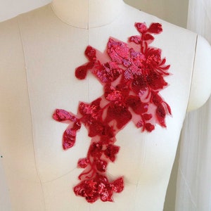 RED Lace Applique, Shiny Sequin Flower and Leaves Design for Lyrical Dancing Costume, Prom Dress, Ballet, Ballroom Gowns; Bright Red A173-L