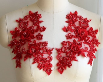 RED Handmade Sweetheart Applique, 3D Sewing Lace Patch, Beaded with Sequin, Mirrored Pair for Dancing Costume, Dress, Ballet, Gown A140-E