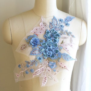 Aplique de renda botânica com miçangas 3D AZUL CÉU e ROSA com pérolas e lantejoulas para fantasia de dança, vestido de baile, vestido de noite, balé A094-F