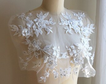 OFF WHITE Sequin 3D Flower Lace Applique, Gray Pearl Beaded for Bridal Dress, Wedding Veil, Evening Gown, Ballet, Prom Dress A197-B