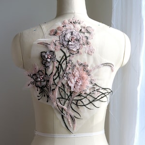 ROSE GOLD & Dark GRAY 3D Flower Bloom Appliqué Patch with Beads, Sequin, Pearls for Large Dancing Costume, Prom Dress, Gown A123-C