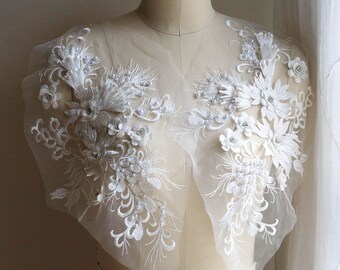 OFF WHITE Pearl Beaded Lace Appliqué with 3D Embroidered Floral Leaf Decoration for Bridal Dresses and Veils, Gowns, Prom Dresses A216-C