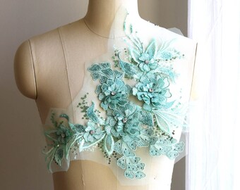 GREEN MINT Embellished Lace Applique with 3D Flowers, Sequin, Beads, and 2 Carat Rhinestones for Dancing Costume, Gown, Prom Dress A098-B