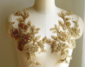 GOLD Beaded 3D Lace Appliqué Pair, Handmade with Sew On Beads for Lyrical Dance Costume Applique, Gown Applique, Prom Dress Applique A193-E