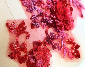 RED 3D Sequin Triple Flower Applique for Skating Costume, Prom Dress, Homecoming Dress, Formal Gown, Head Piece, Ballet, Sash A100-F