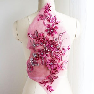 Große Kristallspitze Applikationen, Hot Pink 3D Blumen Spitzenapplikationen, Fuchsia Gestickte Tanzen Kostüm Spitzenapplikationen, Spitze für Abendkleid A131-d
