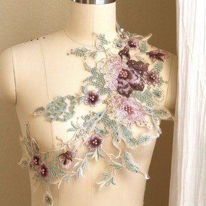 Apliques de encaje 3D con cuentas de perlas en tonos verde, rosa polvoriento, marrón y champán claro para vestidos de baile lírico, cojines decorativos y vestidos de fiesta A239-A