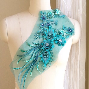 Aplique de renda 3D buquê verde-azulado, contas de cristal com strass costurados à mão e lantejoulas grandes para traje de dança, vestidos formais A253-J