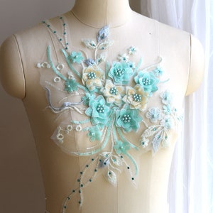Applique de dentelle pour costume 3D VERT MENTHE avec perles et perles pour costume de danse, robe de soirée, jolie robe de bal, jupe A120-C