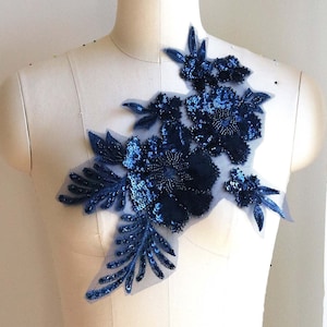 NAVY BLUE Sparkling Sequin Lace Applique with Shiny Beads for Couture Dancing Costume, Formal Gown, Prom Dress, Elegant Garment A199-B