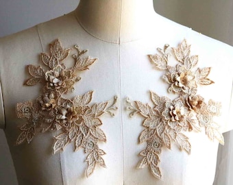 CHAMPAGNE 3D Floral Lace Applique with Flowers and Leaves, Gold Mirror Pair for Dancing Costumes, Garments, Gowns A189-G