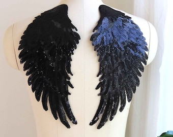 BLACK Angel Wing Patch Applique Pair, Large Wing Iron on Patch with Shiny Bling Sequins for Jackets, Jeans, Ballet, Dance Costumes A171-A