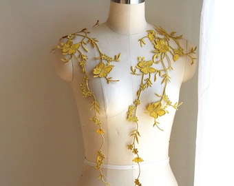 GOLD Vine Lace Patch Applique, Iron on Flower and Leaf Lace Applique for Wedding Gown, Dancing Costume, Ballet, Prom Dress A219-C