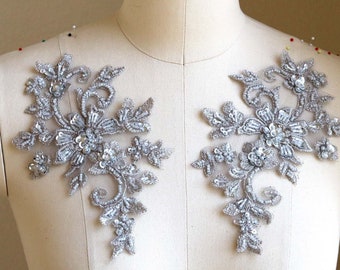 Grey Beaded Lace Appliqué 3D for Dancing Costume, Sequin Beaded Silver Handmade Dress Lace Applique Mirrored Pair A267b