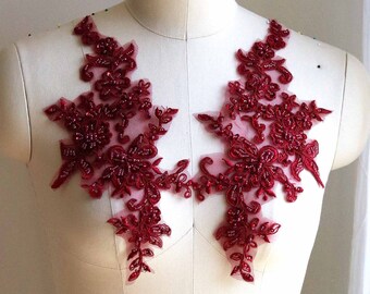BURGUNDY Hand Beaded 3D Corded Lace Appliqué Pair for Lyrical Dance Costume, Ballroom Gown, Ballet, Prom Dress, Head Piece A192-A