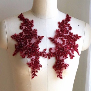 BURGUNDY Hand Beaded 3D Corded Lace Appliqué Pair for Lyrical Dance Costume, Ballroom Gown, Ballet, Prom Dress, Head Piece A192-A