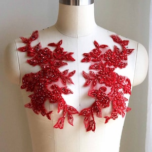 Handmade RED BEADED Lace Appliqué 3D for Dancing Costume, Mirrored Pair Lyrical Dance Lace Applique Red A193-A