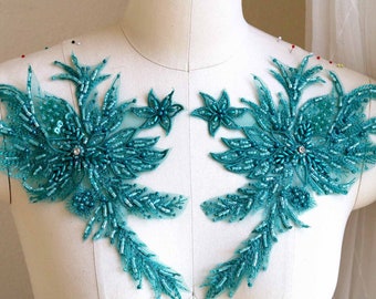 A259g Teal Blue Handmade Beaded Lace Appliqués, 3D Lace Patch Mirrored Pair for Lyrical Dancing Costume Lace Applique for Prom Dress