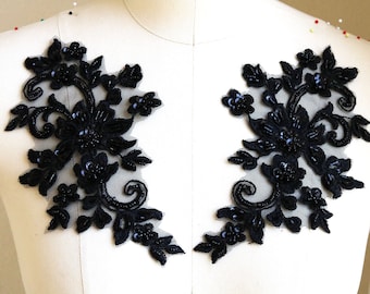 Black Beaded Lace Appliqué 3D for Dancing Costume, Headpieces Sequin Beaded Handmade Dress Lace Applique Mirrored Pair A267c