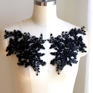 Par de apliques de cuentas 3D hechos a mano en color negro con lentejuelas brillantes para disfraz de danza lírica, vestido de fiesta, ballet, falda, vestido de noche A191-D